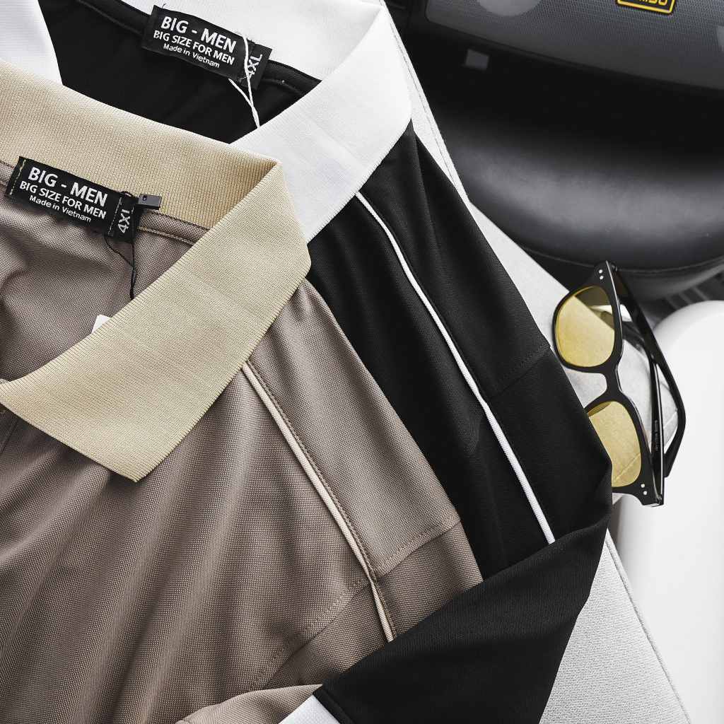 Big size - Áo thun polo phối sọc vai vải cá sấu poly <135kg - sọc nhỏ vai tay