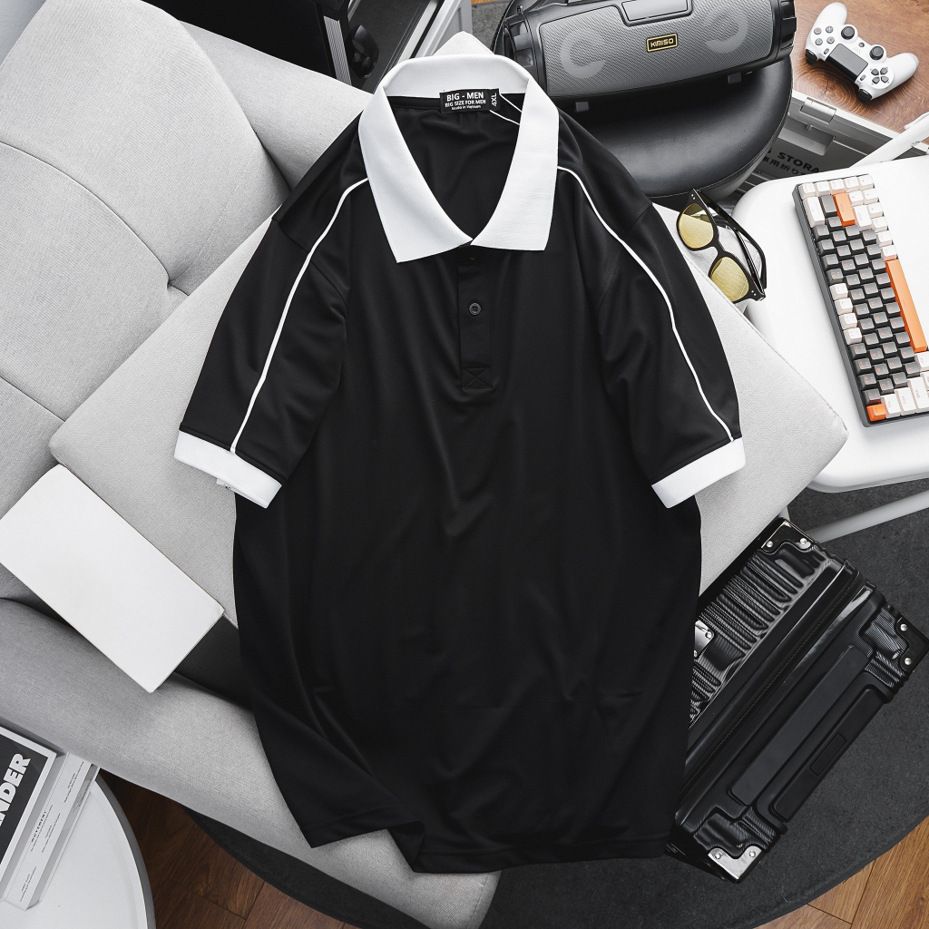 Big size - Áo thun polo phối sọc vai vải cá sấu poly <135kg - sọc nhỏ vai tay