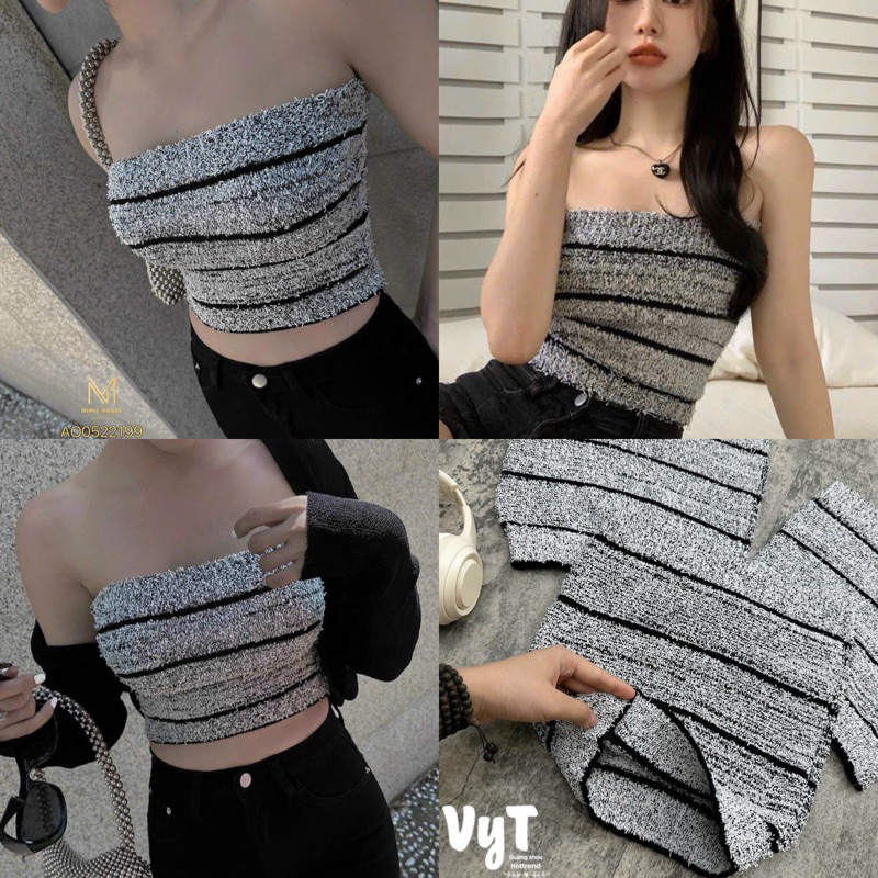 Áo quây len kẻ ghi sexxy, Áo len quây croptop AL1320 - NhiNhi Shop