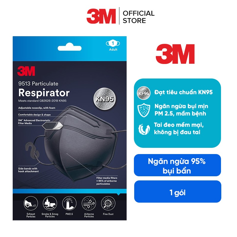 Khẩu trang chính hãng 3M 9513 KN95 Singapore, 2 màu trắng đen, tặng kèm móc đeo qua đầu_Chính hãng Mask3M