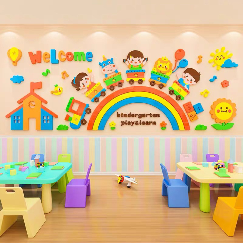 Tranh dán tường mica dán nổi welcome back trang trí lớp học, trường mầm non, khu vui chơi, phòng khám nhi