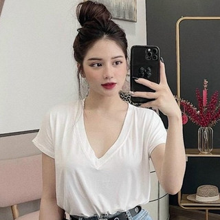 Áo phông cổ tim tay ngắn nữ Áo thun cổ tim nữ tay hến