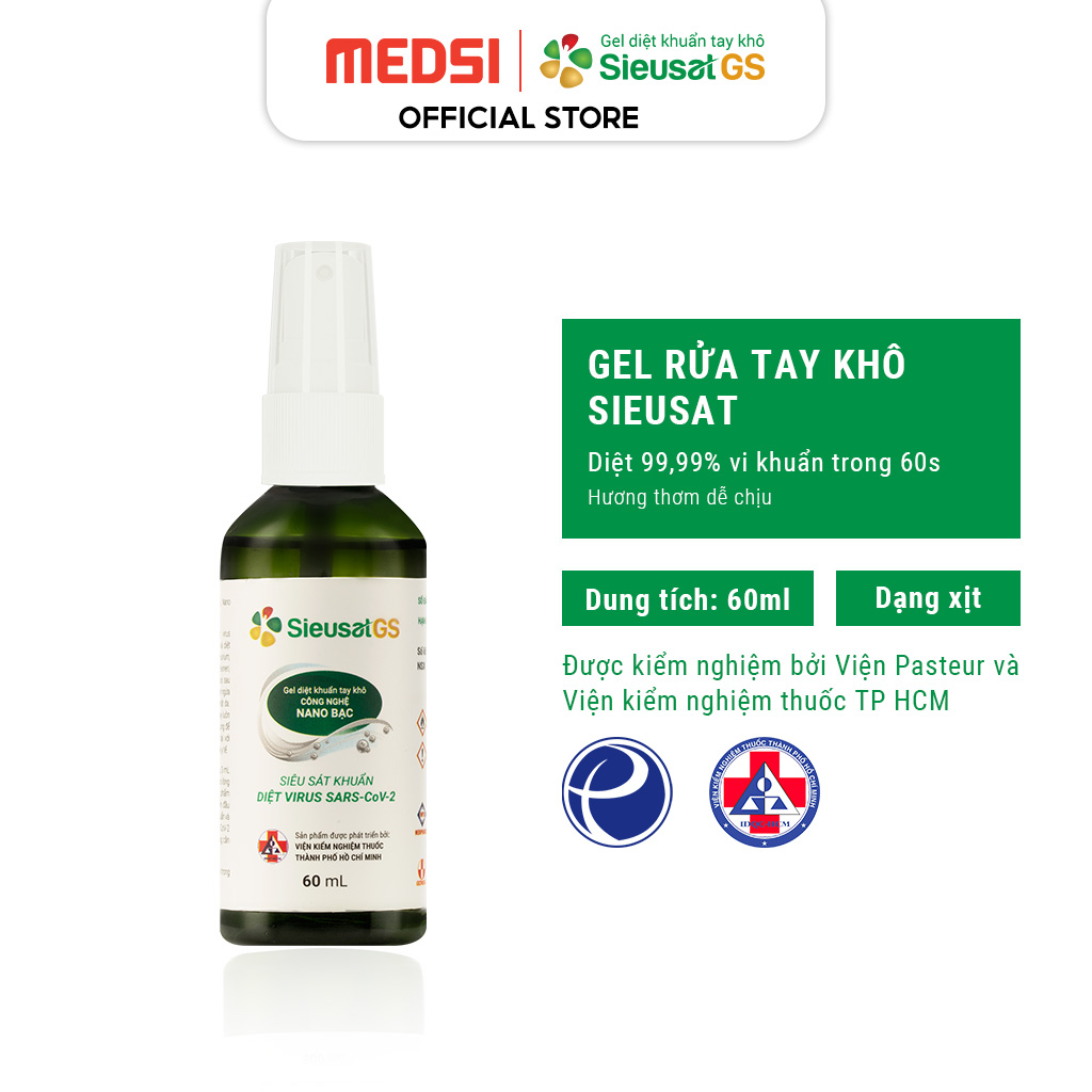 Gel rửa tay khô SIEUSAT GS Medsi sát khuẩn hiệu quả, hương thơm dịu nhẹ và an toàn mọi làn da chai 60ml