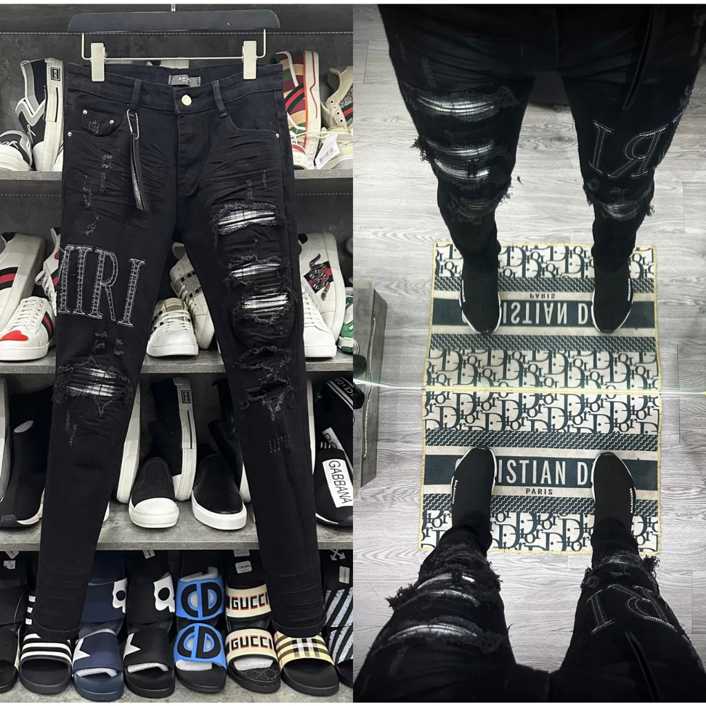 Quần jean nam chất denim cao cấp màu đen rách vá da kèm thêu logo dáng skinny chuẩn form YUKI OUTFIT 2354