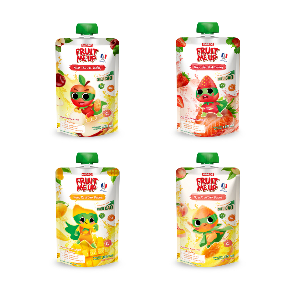 Combo 10 Túi Nước Dâu Dinh Dưỡng - Hỗ Trợ Bé Tăng Chiều Cao & Đề Kháng - ANDROS FRUIT ME UP - 150ml x 10