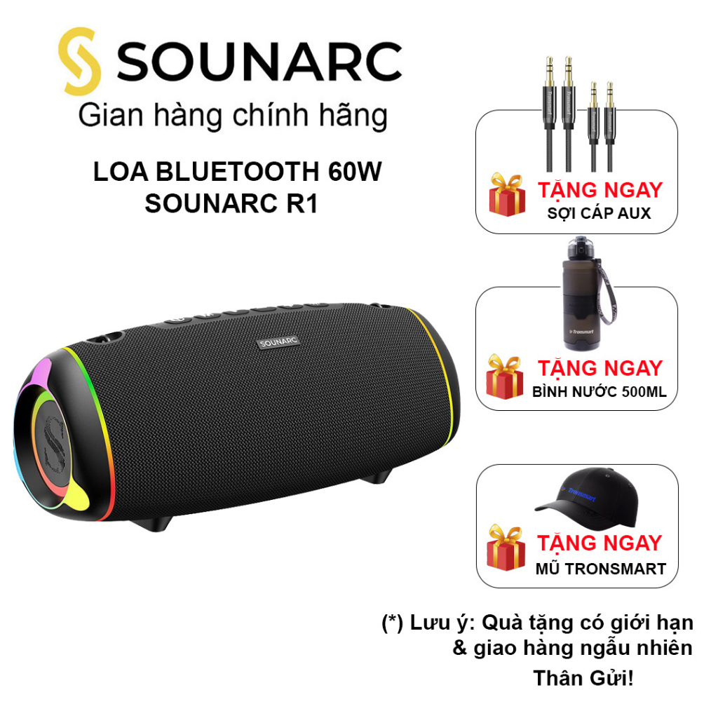 Loa Bluetooth 5.3 Sounarc R2 Công Suất 60W, Chống Nước IPX6, Tích Hợp Pin 6600mAh 15H Chơi Nhạc- Bảo Hành 12 Tháng