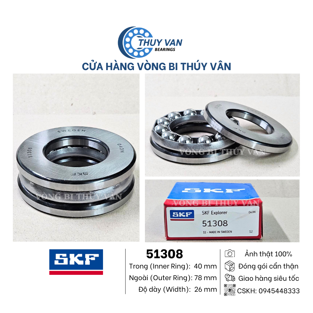 Vòng bi bạc đạn chà, tỳ, đẩy, chặn trục hạt tròn 51308 hãng SKF
