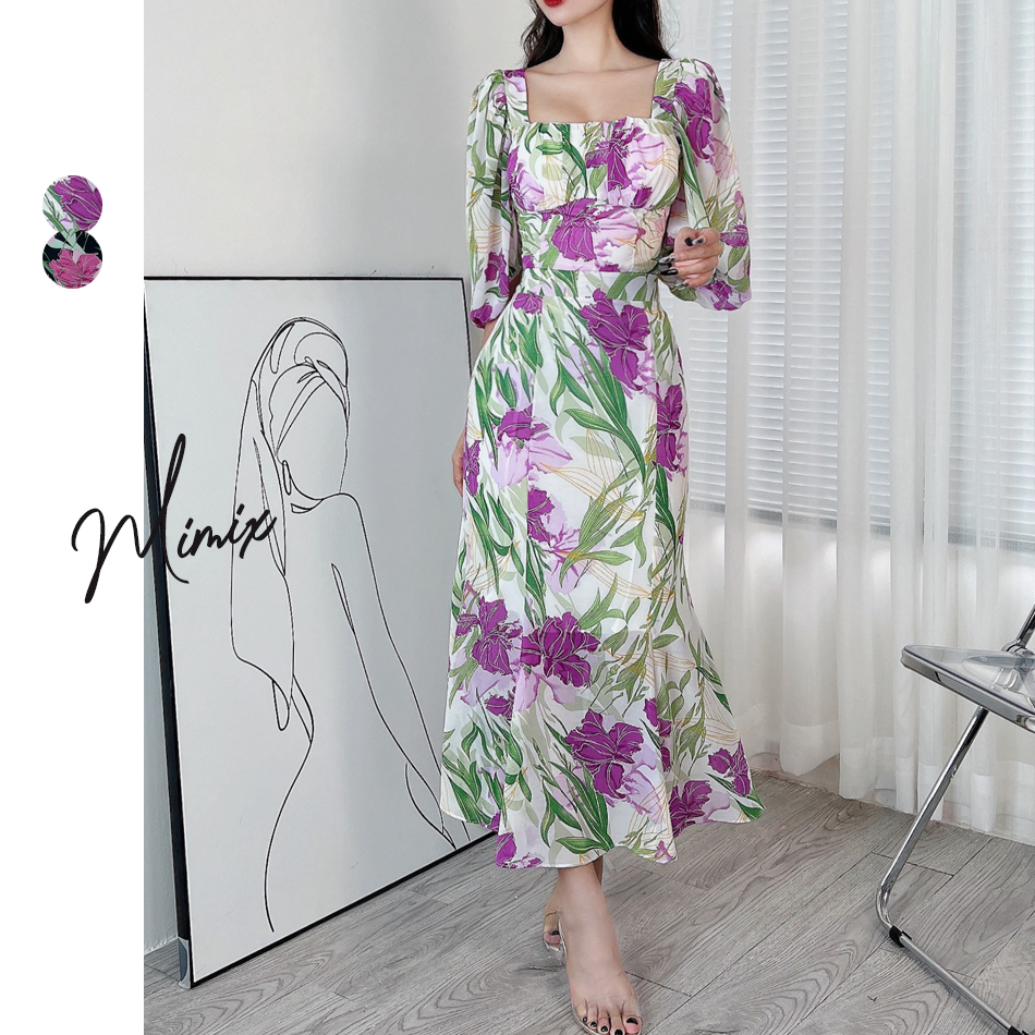 Set Bộ Phối Hoa Áo Croptop Tay Dài Kèm Chân Váy Đuôi Cá Sang Trọng MIMIX DM7220