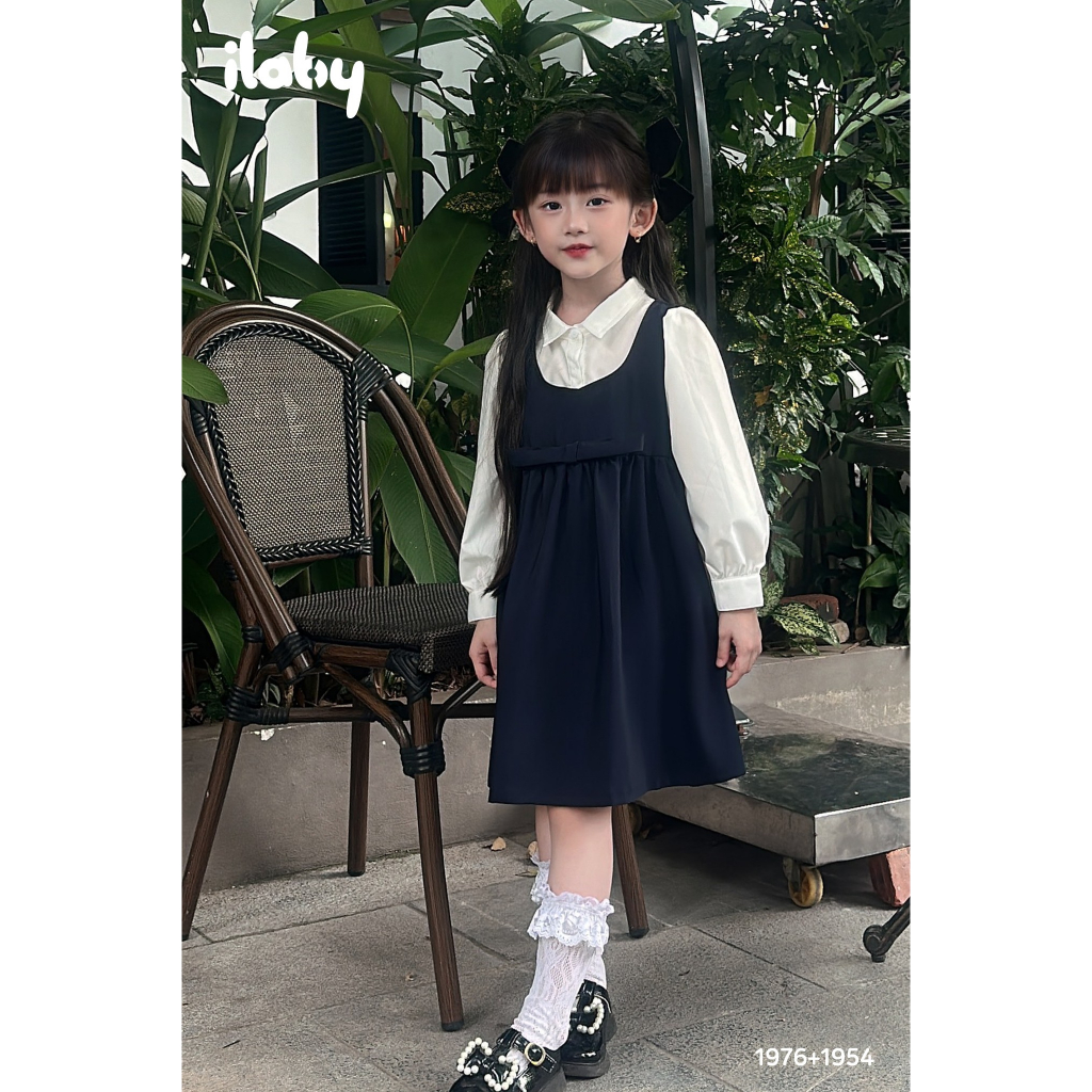 Váy yếm đi học bé gái ILABY phối nơ vuông trước chất liệu thô chéo mềm cho bé 13-32kg