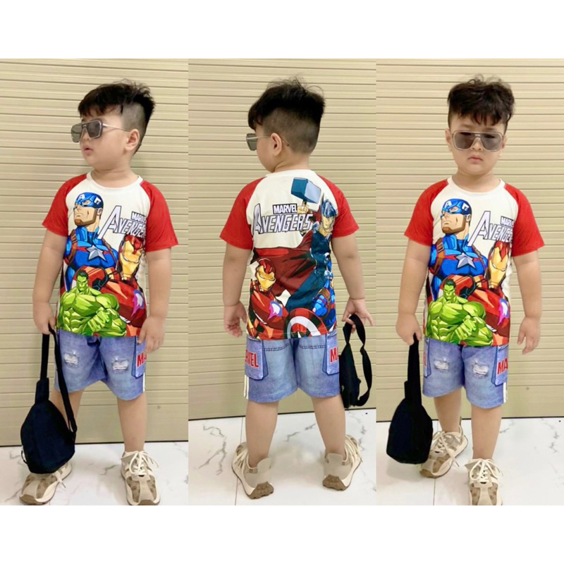 Bộ thun lạnh bé trai hình in hai mặt cá tính size 23-40kg
