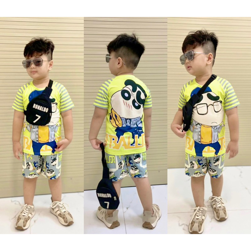Bộ thun lạnh bé trai hình in hai mặt cá tính size 23-40kg