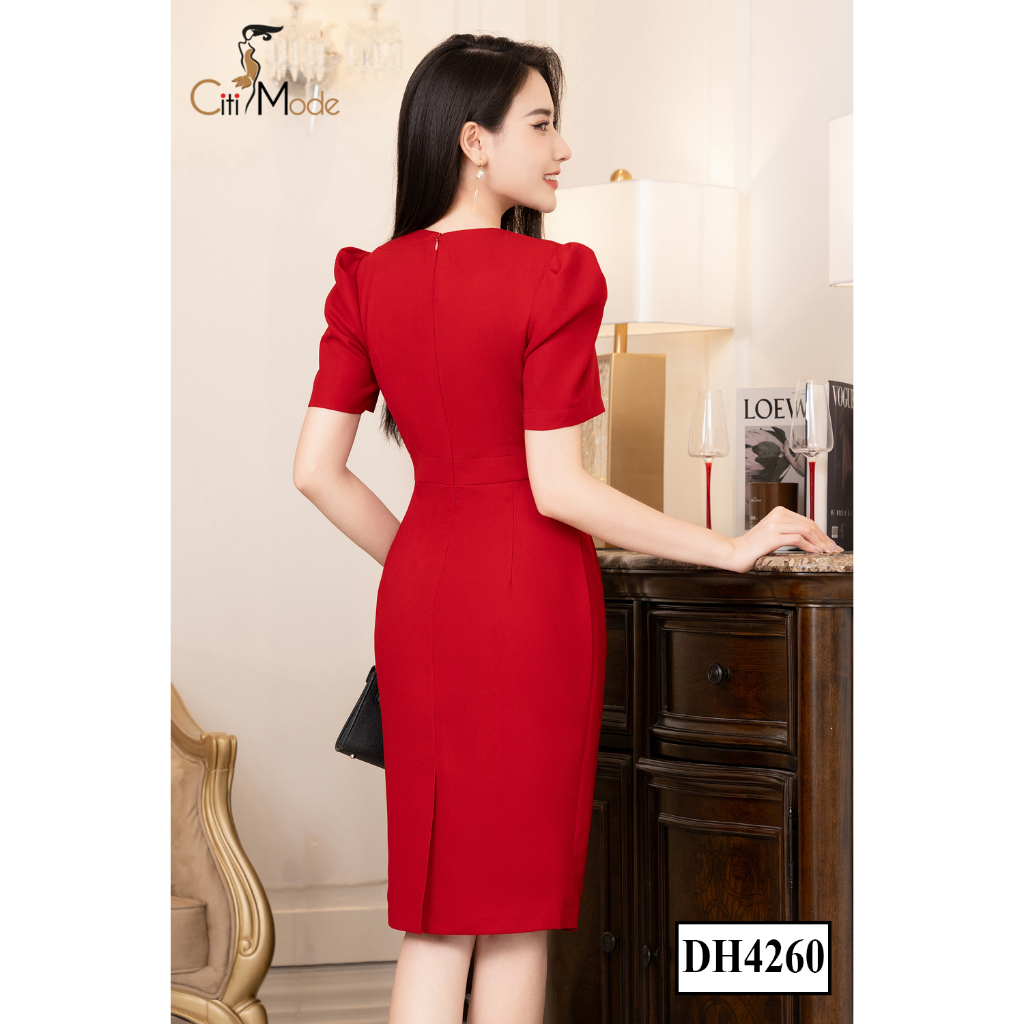 Đầm công sở CITI MODE FASHION thiết kế dáng ôm màu đỏ cổ nhún đính hoa eo DH4260