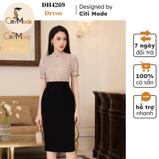 Đầm công sở CITI MODE FASHION thiết kế dáng ôm đen phối áo kẻ nâu DH4269