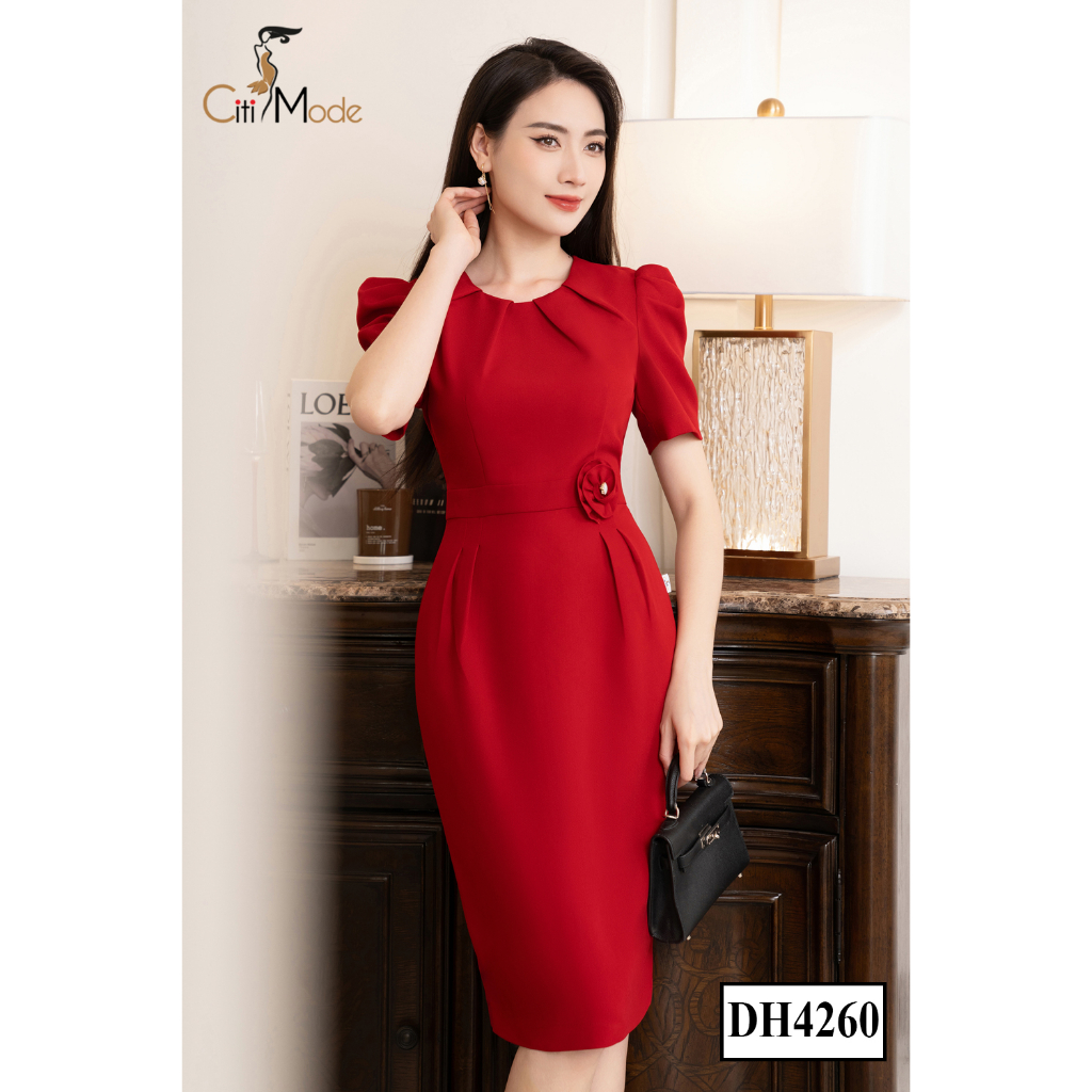 Đầm công sở CITI MODE FASHION thiết kế dáng ôm màu đỏ cổ nhún đính hoa eo DH4260