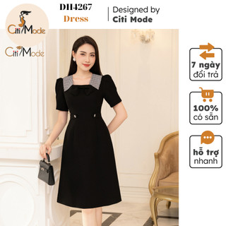 Đầm công sở CITI MODE FASHION thiết kế dáng xòe màu đen cổ vuông phối nơ cách điệu DH4267