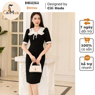 Đầm công sở CITI MODE FASHION thiết kế dáng ôm màu đen phối cổ ren đính hoa DH4264