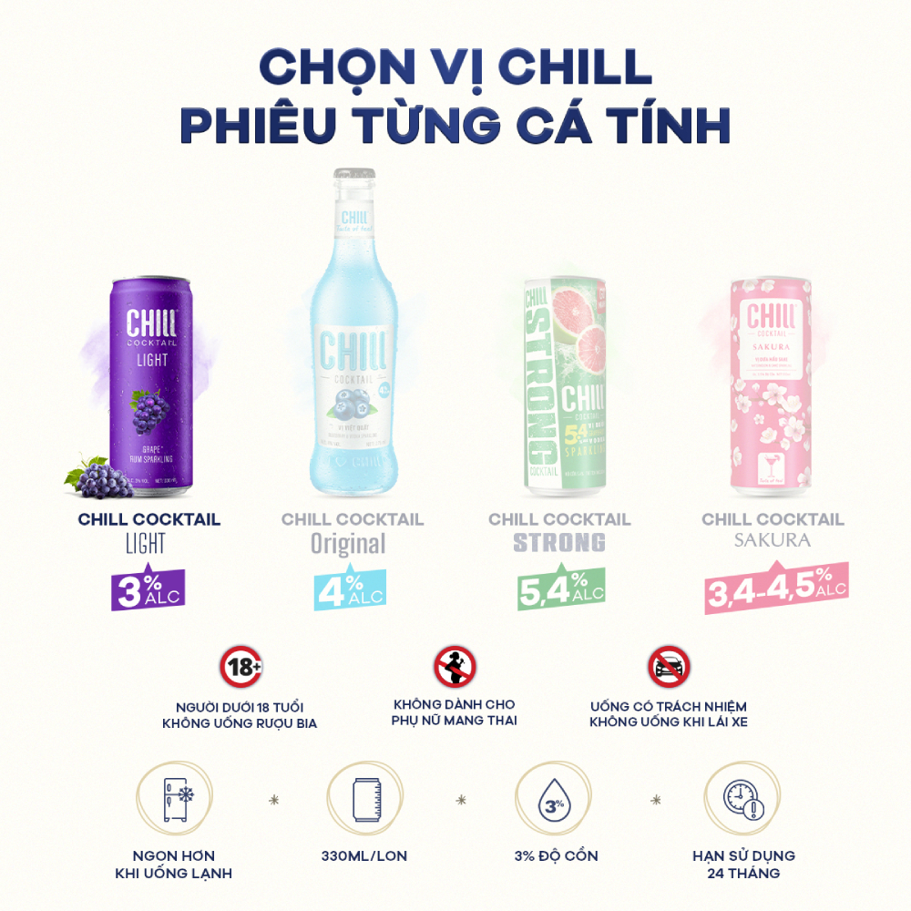 Thùng 12 lon Chill Cocktail mix 10 vị (330ml/lon)