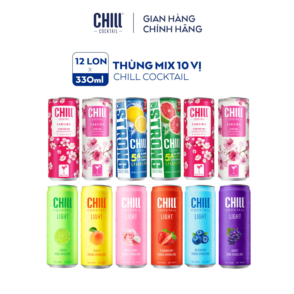 Thùng 12 lon Chill Cocktail mix 10 vị (330ml/lon)