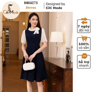Đầm công sở CITI MODE FASHION thiết kế dáng xoè xanh tím than đính hoa phối tay voan DH4273
