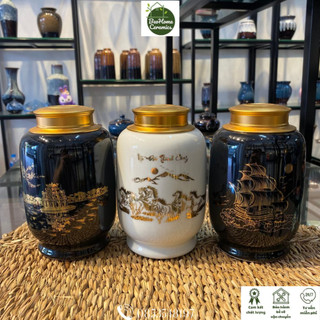 Hũ đựng trà lọ kẻ vàng kim gốm sứ bát tràng hũ đựng trà caffe các loại hạt thiết kế nắp 2 lớp