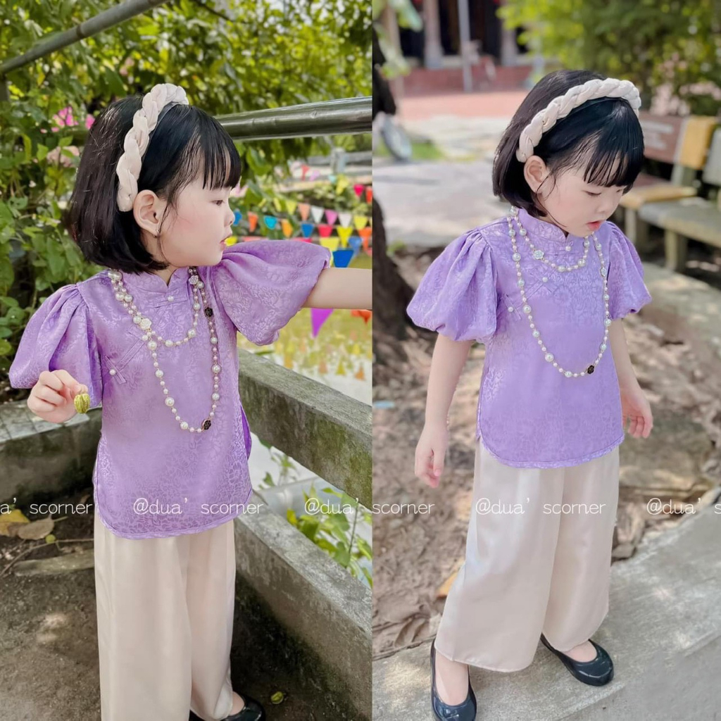 Bộ bà ba cho bé , bộ bà ba tay bồng gấm + quần lụa tặng kèm bờm cho bé gái 10-30kg