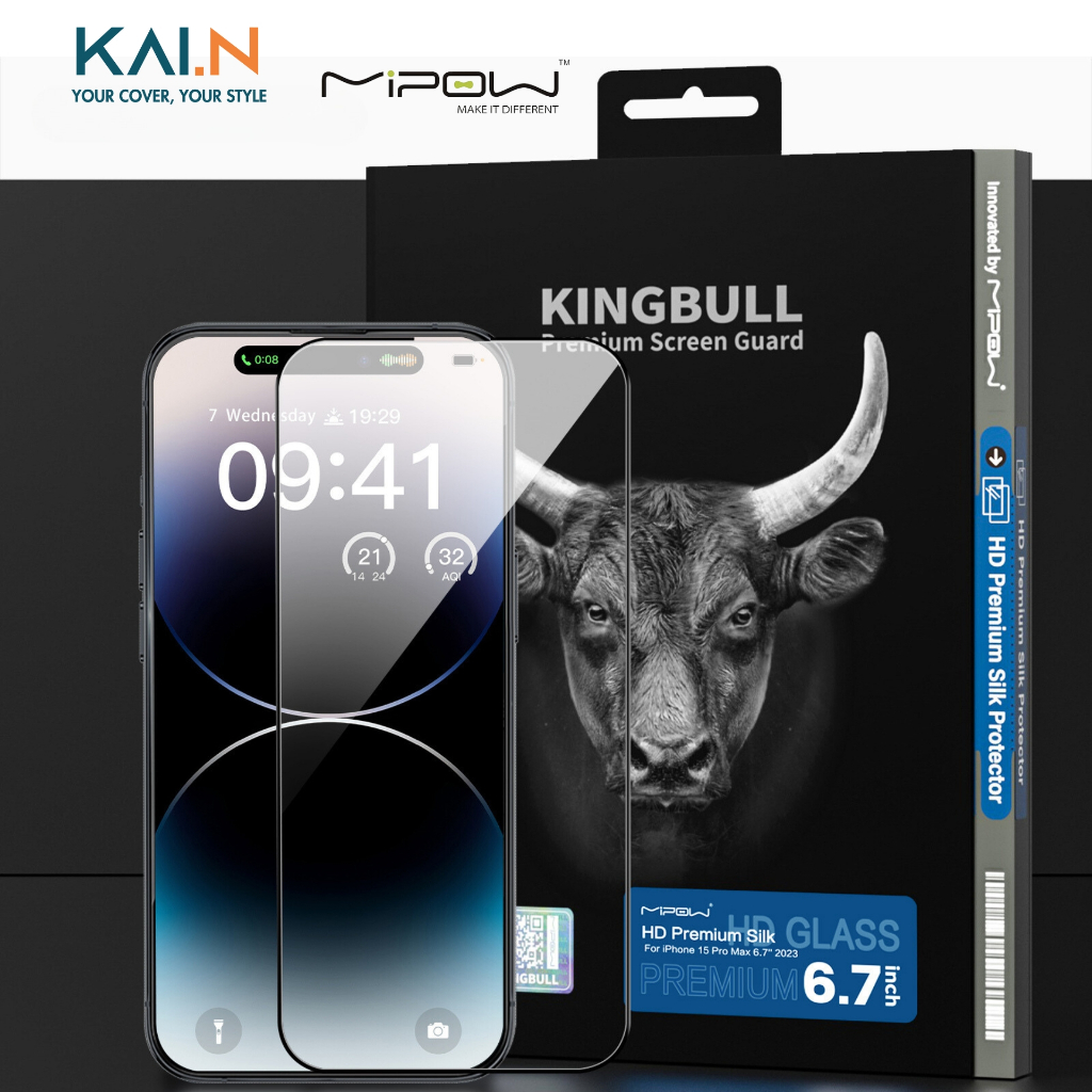 Miếng Dán Kính Cường Lực Trong Suốt Mipow KingBull Dành Cho iPhone 15 Pro Max / 15 Pro / 15 Plus / 15, HD PREMIUM SILK