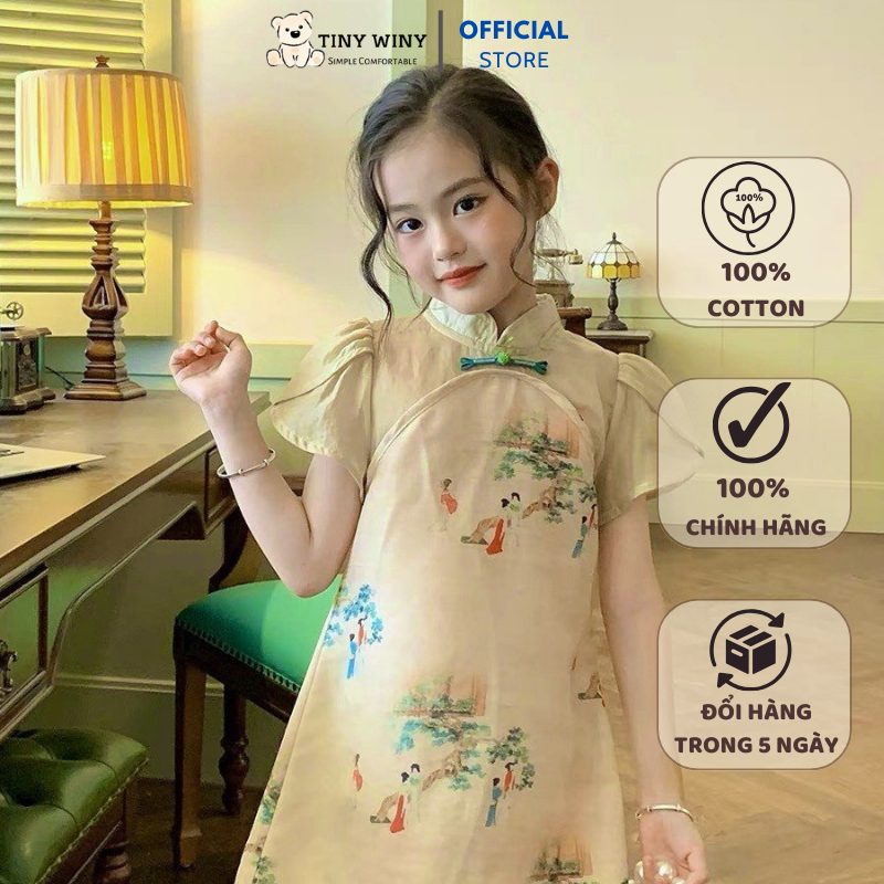 Váy sườn xám họa tiết nhí cho bé Tiny Winy V232