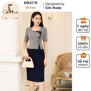 Đầm công sở CITI MODE FASHION thiết kế dáng ôm peplum kẻ phối chân ôm tím than DH4270
