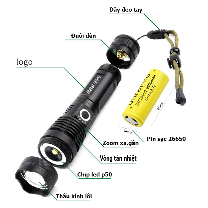 Đèn pin rp6000 siêu sáng XHP50 METAL STORE đèn pin mini