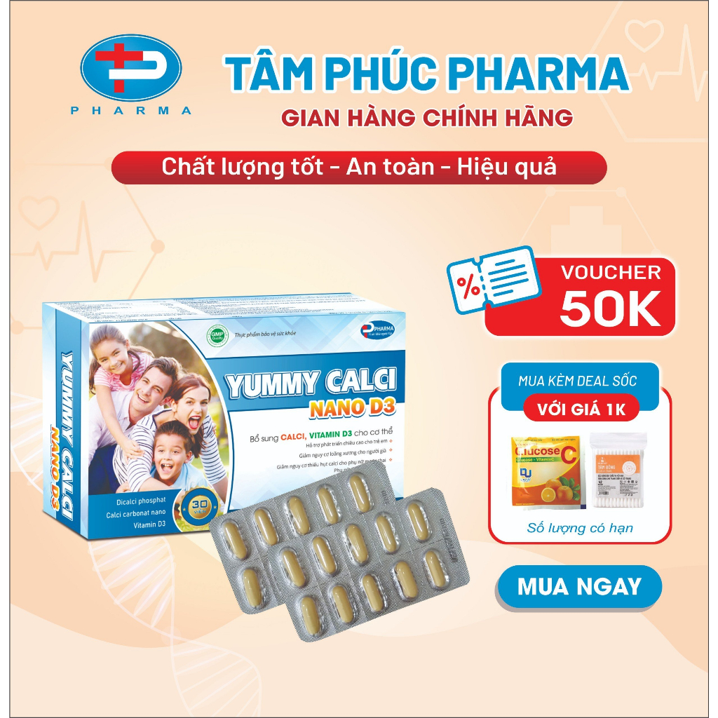 Viên Uống Tăng Chiều Cao Yummy Calci Nano D3 TÂM PHÚC PHARMA Bổ Sung Calci, Vitamin D3 Giúp Phát Triển Chiều Cao