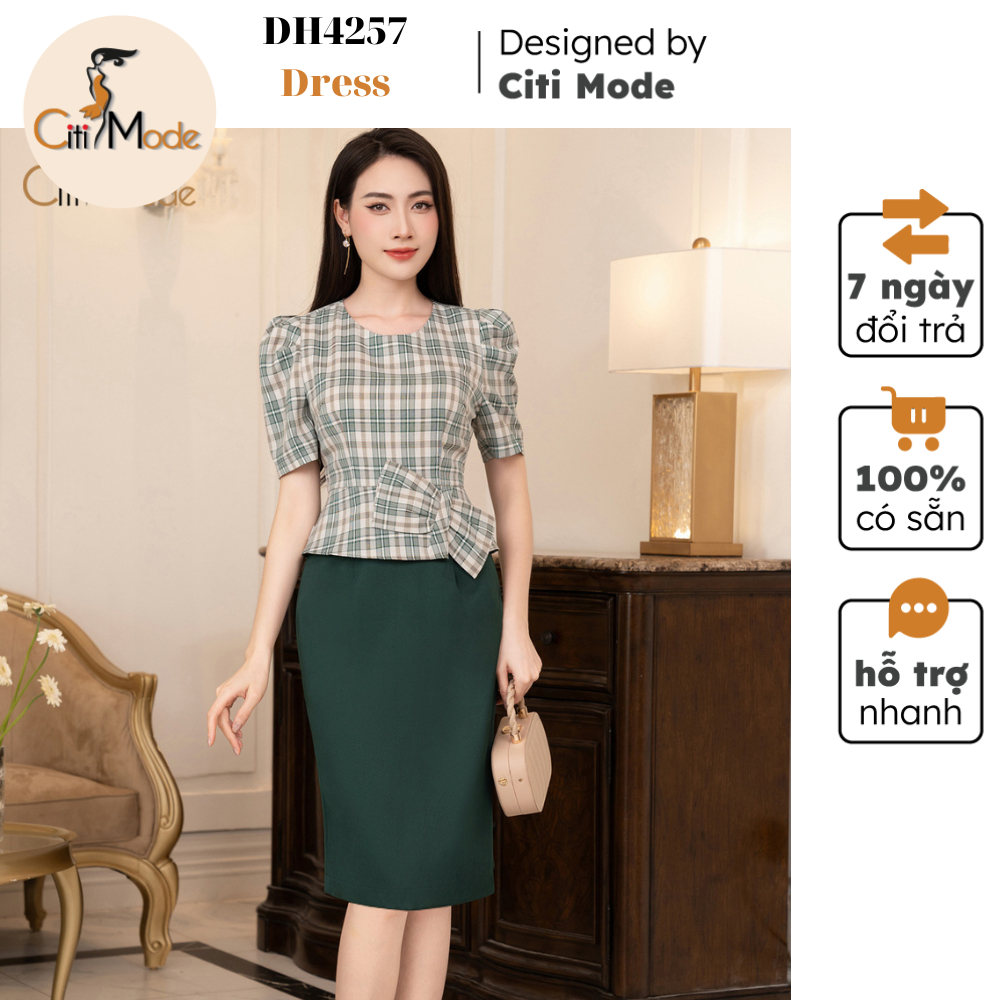 Đầm công sở CITI MODE FASHION thiết kế dáng ôm peplum kẻ xanh nơ eo phối chân váy 1 màu DH4257