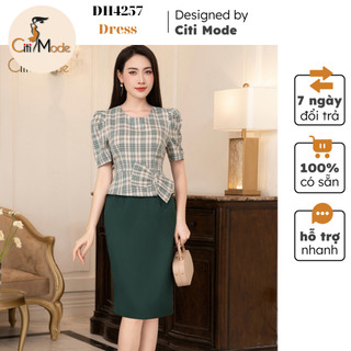 Đầm công sở CITI MODE FASHION thiết kế dáng ôm peplum kẻ xanh nơ eo phối chân váy 1 màu DH4257