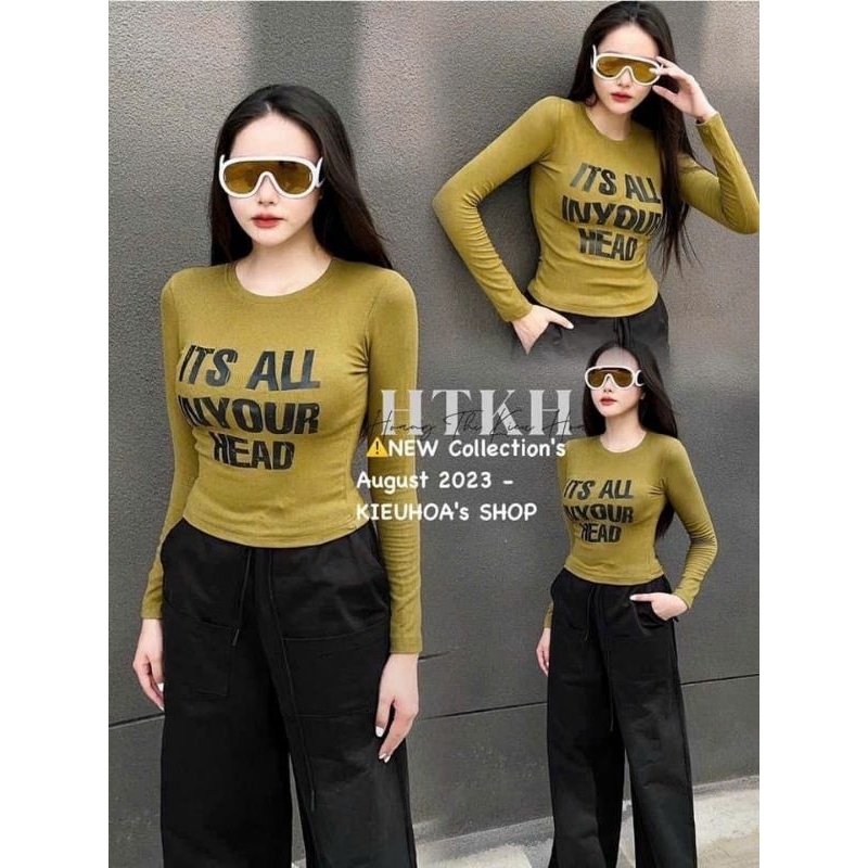 Áo thun tăm cổ tròn in chữ dáng body.