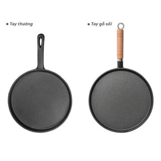 Nxt chảo chiên chảo đáy bằng 26cm, bằng gang đúc dày dặn, chảo chống dính, cán gỗ, dùng được cả bếp từ