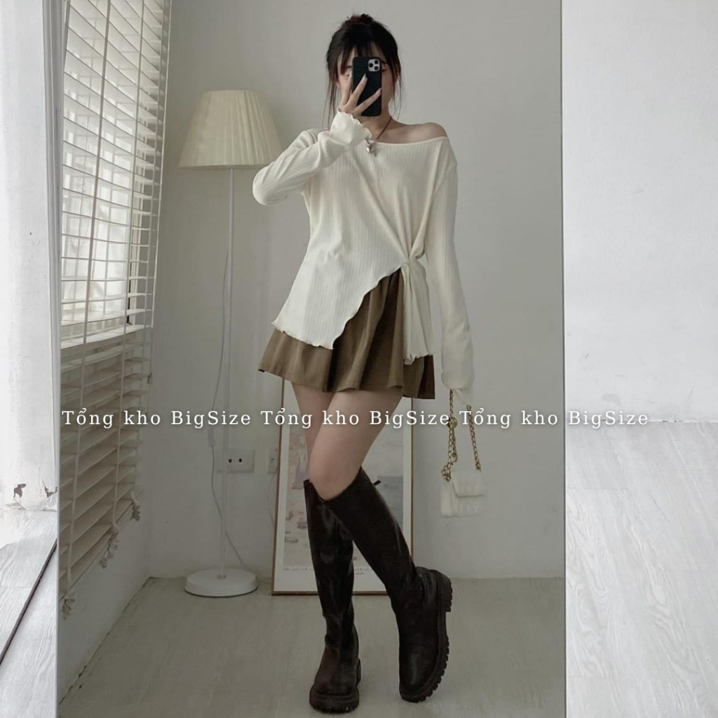 Áo thun nữ BIGSIZE áo thun tăm lệch vai xẻ vạt dài tay 3436