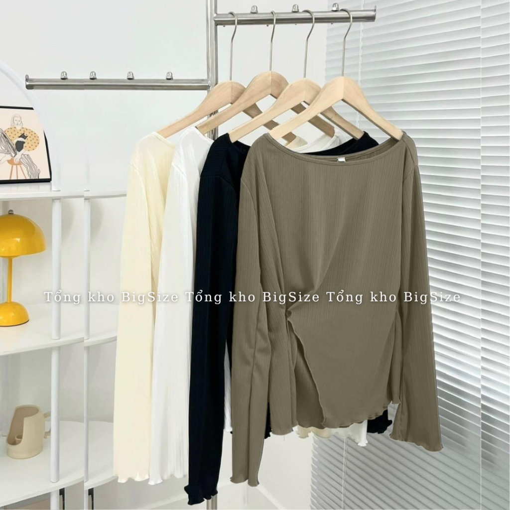 Áo thun nữ BIGSIZE áo thun tăm lệch vai xẻ vạt dài tay 3436