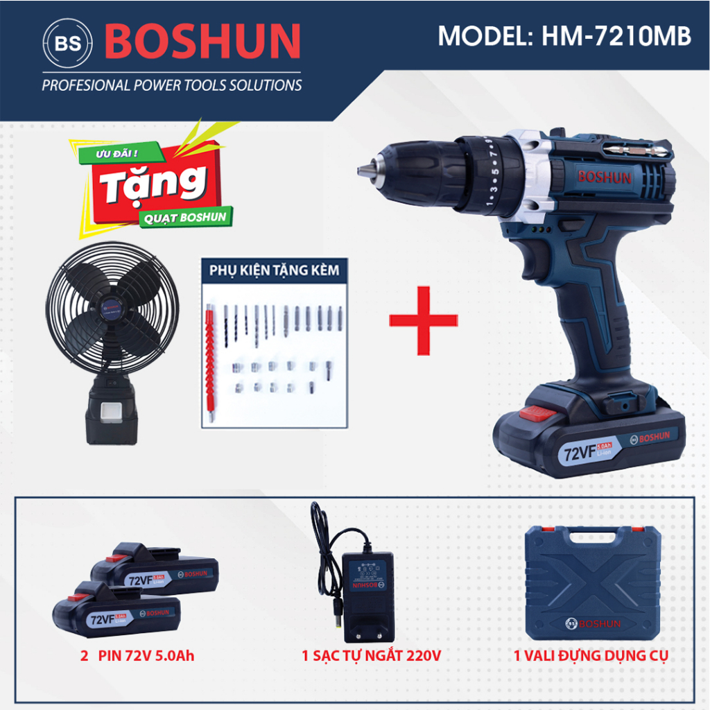 Máy Khoan pin Boshun 72VF 3 chức năng Lõi Đồng Có Búa - Khoan tường - Bắt Vít Tiện Lợi -Tặng kèm bộ phụ kiện