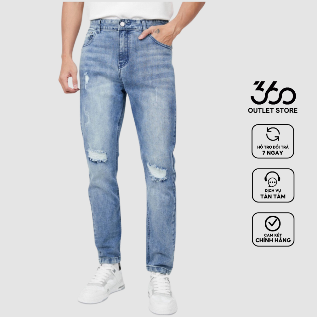 Quần Jean Nam Rách Màu Xanh Denim Form Slimfit Trẻ Trung Thương Hiệu - QJDTK413