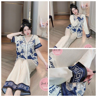 Đồ bộ mặc nhà cổ V họa tiết Lucky Day phong cách Quảng Châu Chất lụa xước Freesize