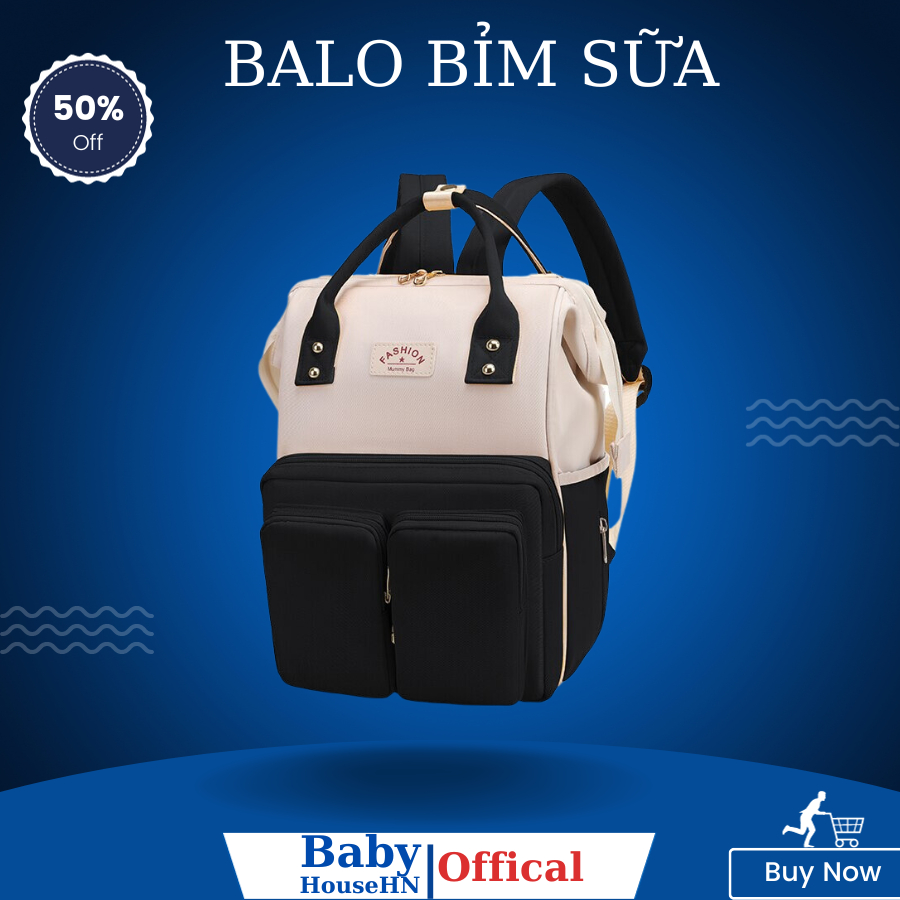 Balo bỉm sữa Fashion, Mummy Bag mix 2 màu đựng đồ cho mẹ và bé, chống thấm nước, miệng rộng, kích thước 26x38x16cm