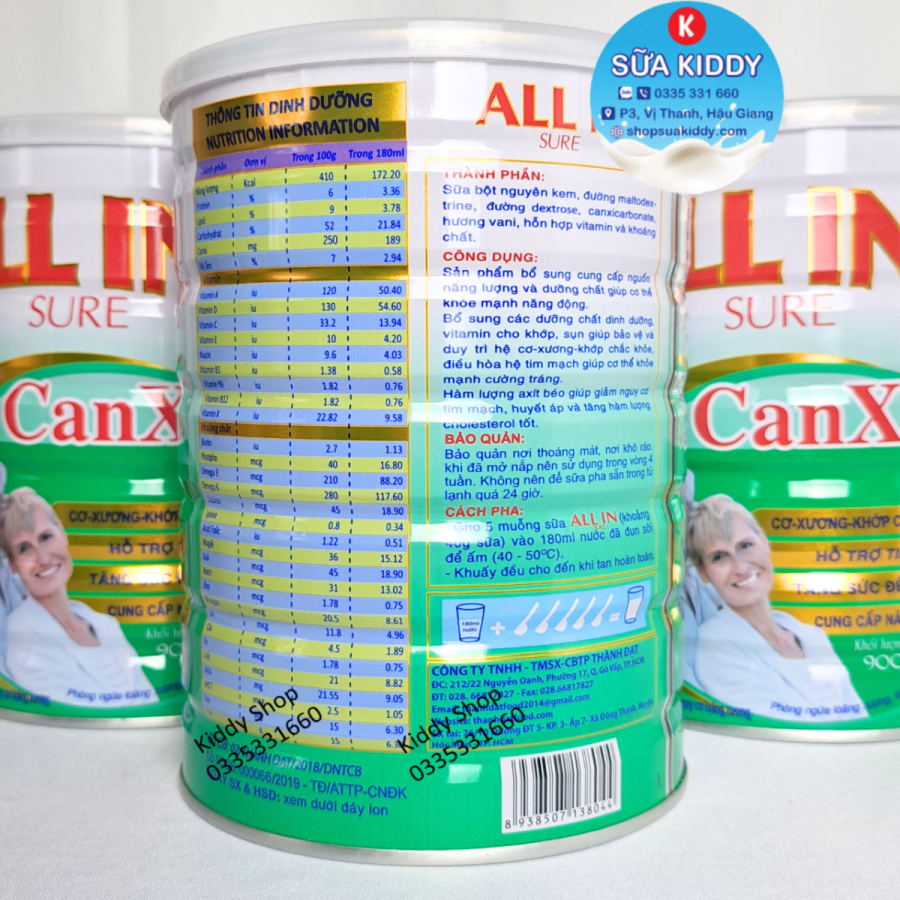 Combo 2 lon sữa canxi ALL IN SURE CANXI 900g giúp phòng ngừa tim mạch và cholesterol máu cao