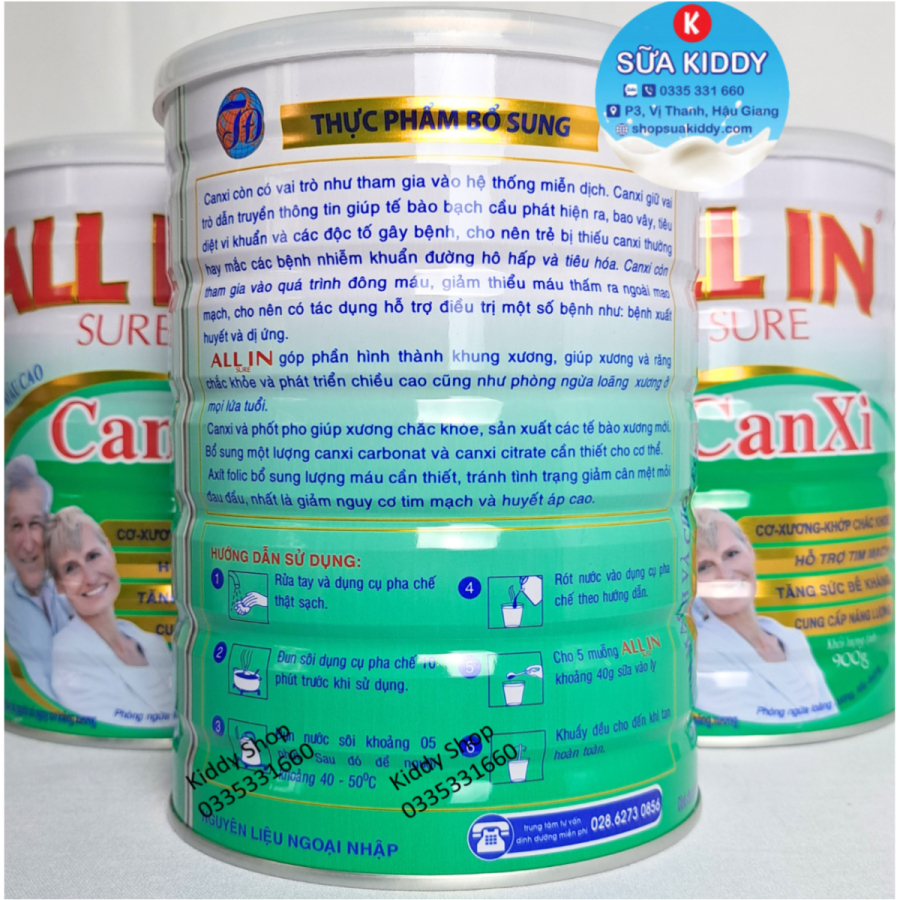 Combo 2 lon sữa canxi ALL IN SURE CANXI 900g giúp phòng ngừa tim mạch và cholesterol máu cao