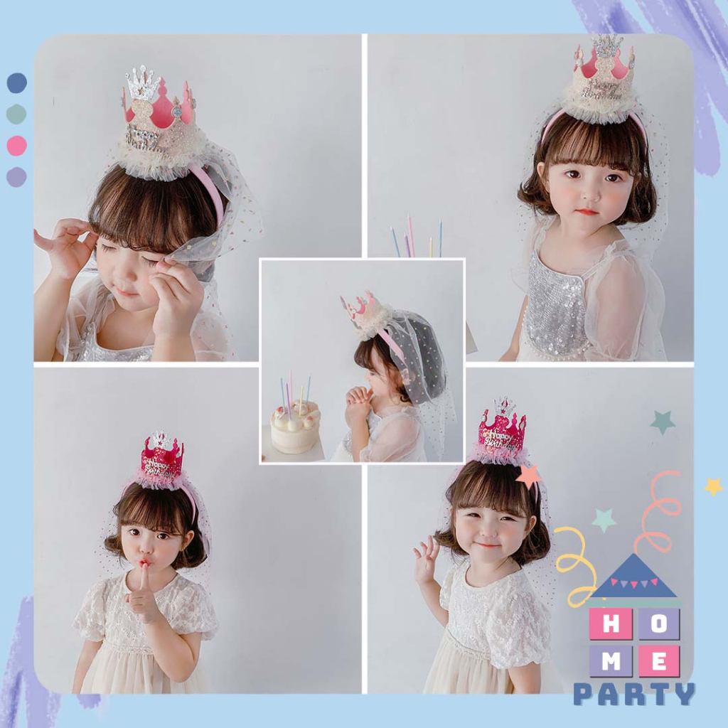 Cài tóc công chúa happy birthday xinh xắn kèm voan, phụ kiện sinh nhật, trang trí sinh nhật