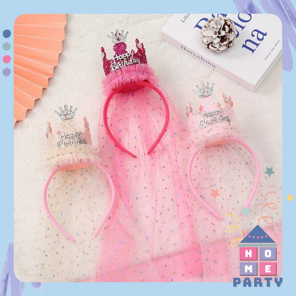 Cài tóc công chúa happy birthday xinh xắn kèm voan, phụ kiện sinh nhật, trang trí sinh nhật