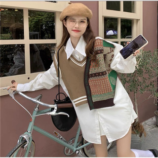 Áo sơ mi phối gile len họa tiết bé gái - áo sơ mi bé gái