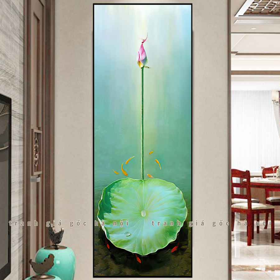 Bức tranh búp sen lá sen phong thủy siêu đẹp độc bản tại shop chất liệu vải Canvas nhập khẩu có khung và ghim treo tranh