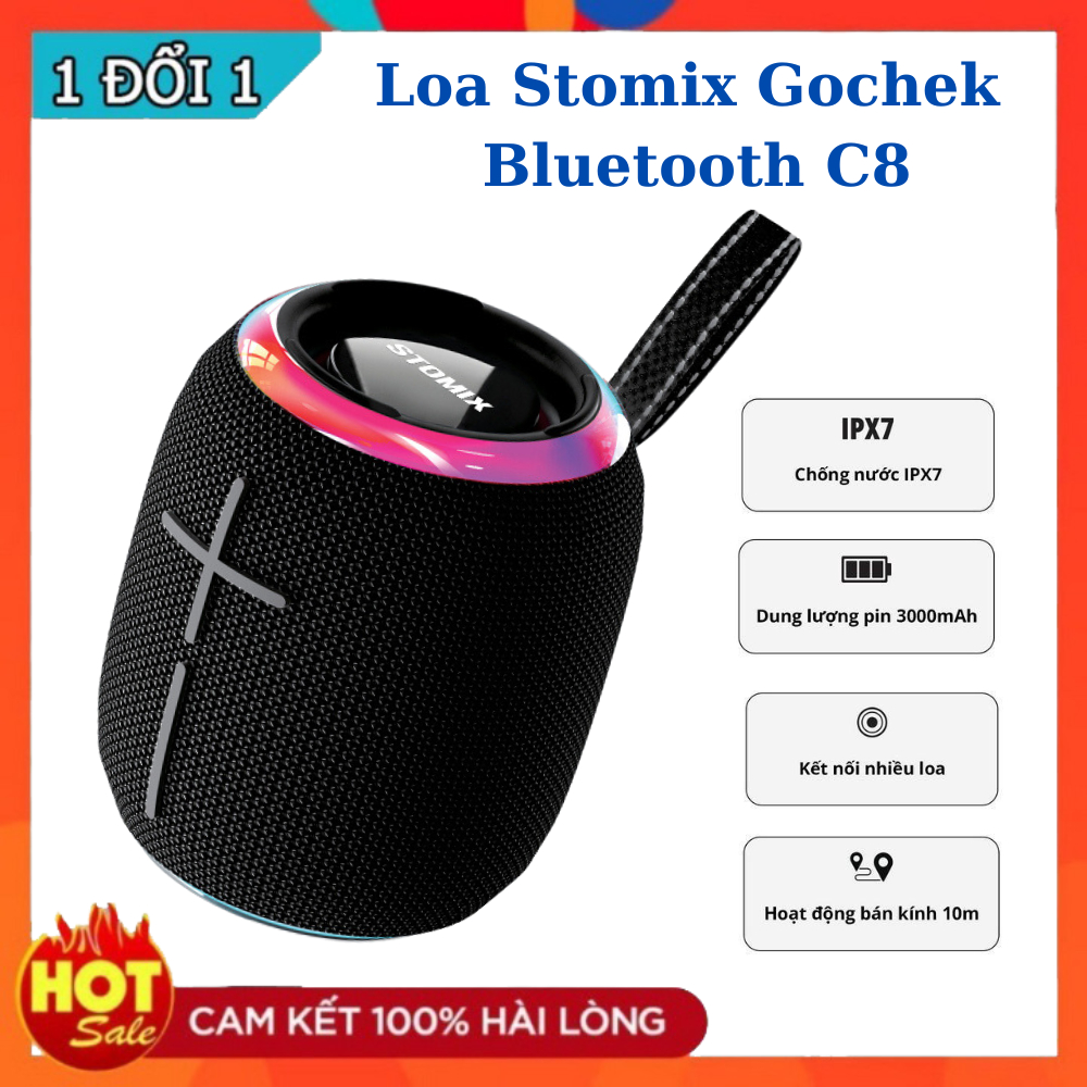 Loa Stomix Gochek Bluetooth C8, Công Nghệ Chống Nước IPX7, Dung Lượng Pin Lớn Lên Đến 3000mAh, Kết Nối Đa Thiết Bị