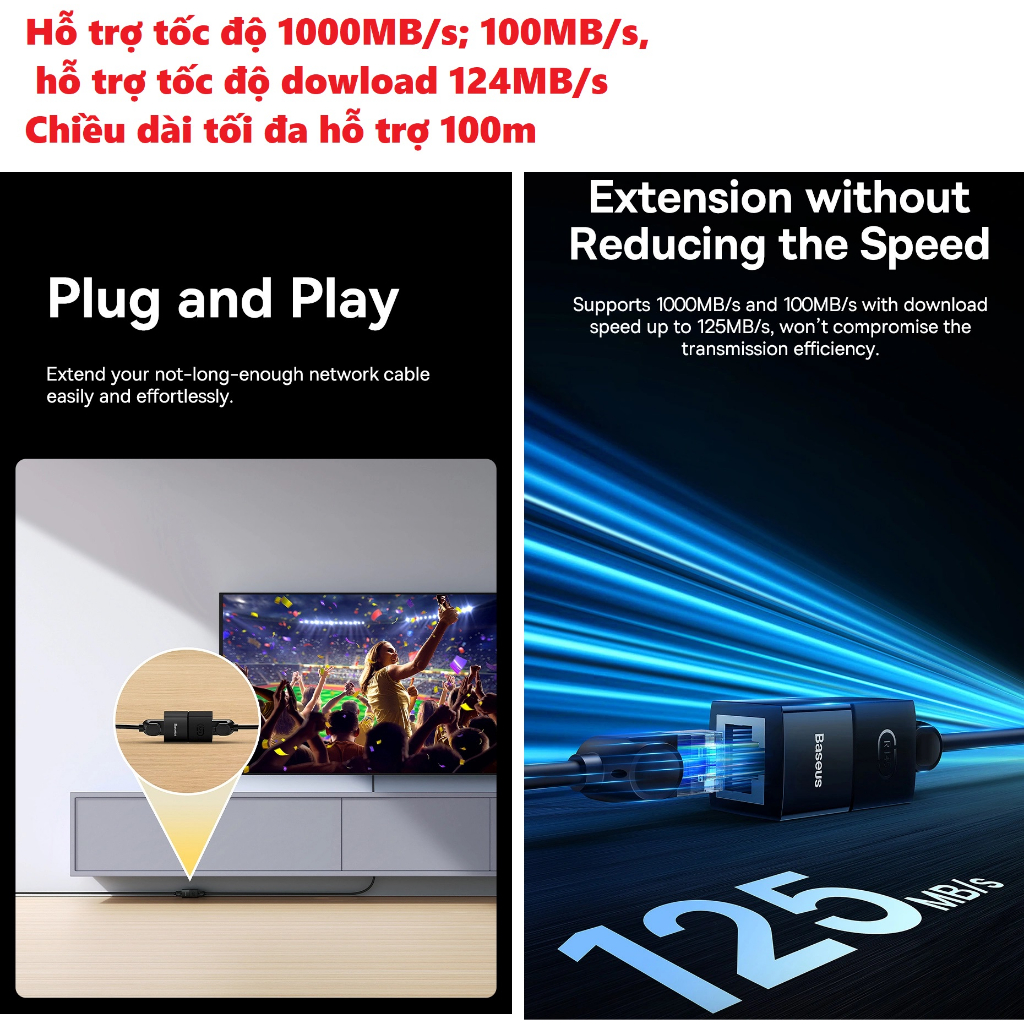 Đầu nối dài cáp mạng RJ45 CAT7 CAT6 CAT5 1000MB/s 100MB/s)  BASEUS AIRJOY BS-OH120