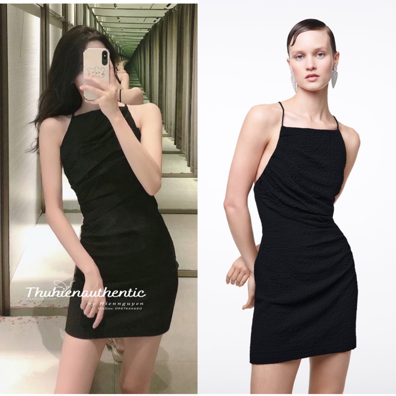 Váy body đen vải nhún dày dặn dáng ngắn dây vai đan mã code: 2143/252 ZARA chính hãng(kèm ảnh thật)