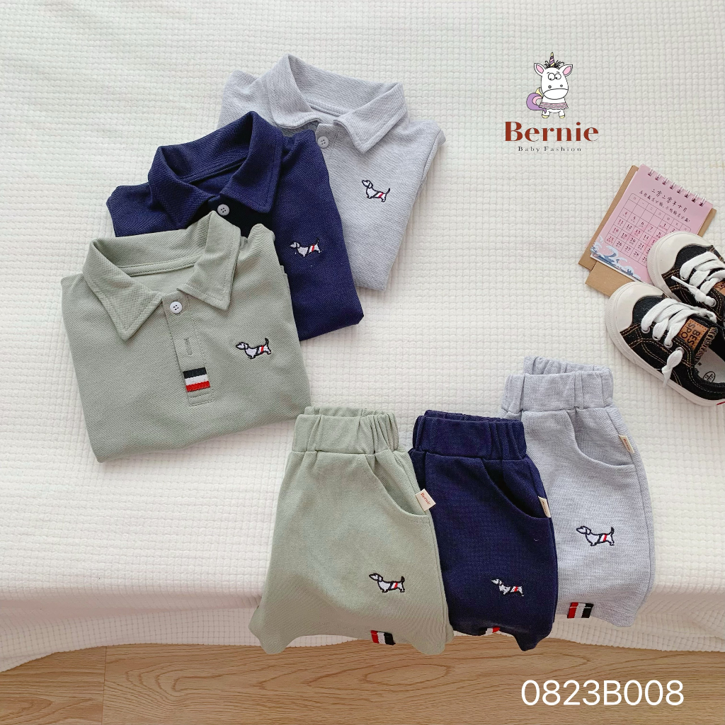Bộ polo cộc tay thêu hoạ tiết cho bé trai, bộ cotton polo cổ đức cho bé Bernie